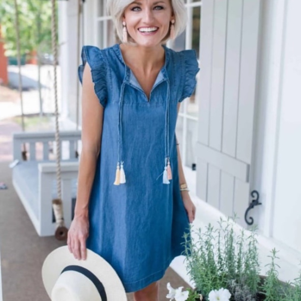 LOFT Women blue chambray sleeveless mini dress with ruffle details | MP